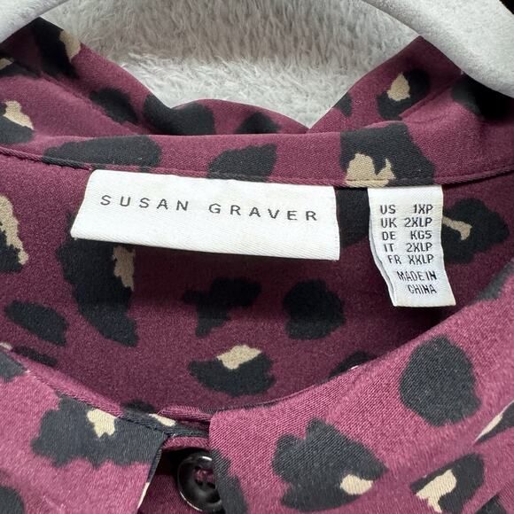Susan Graver Top Womens 1XP Burgundy Cheetah Print Shirt Button Up Long Sleeve - Picture 2 of 13